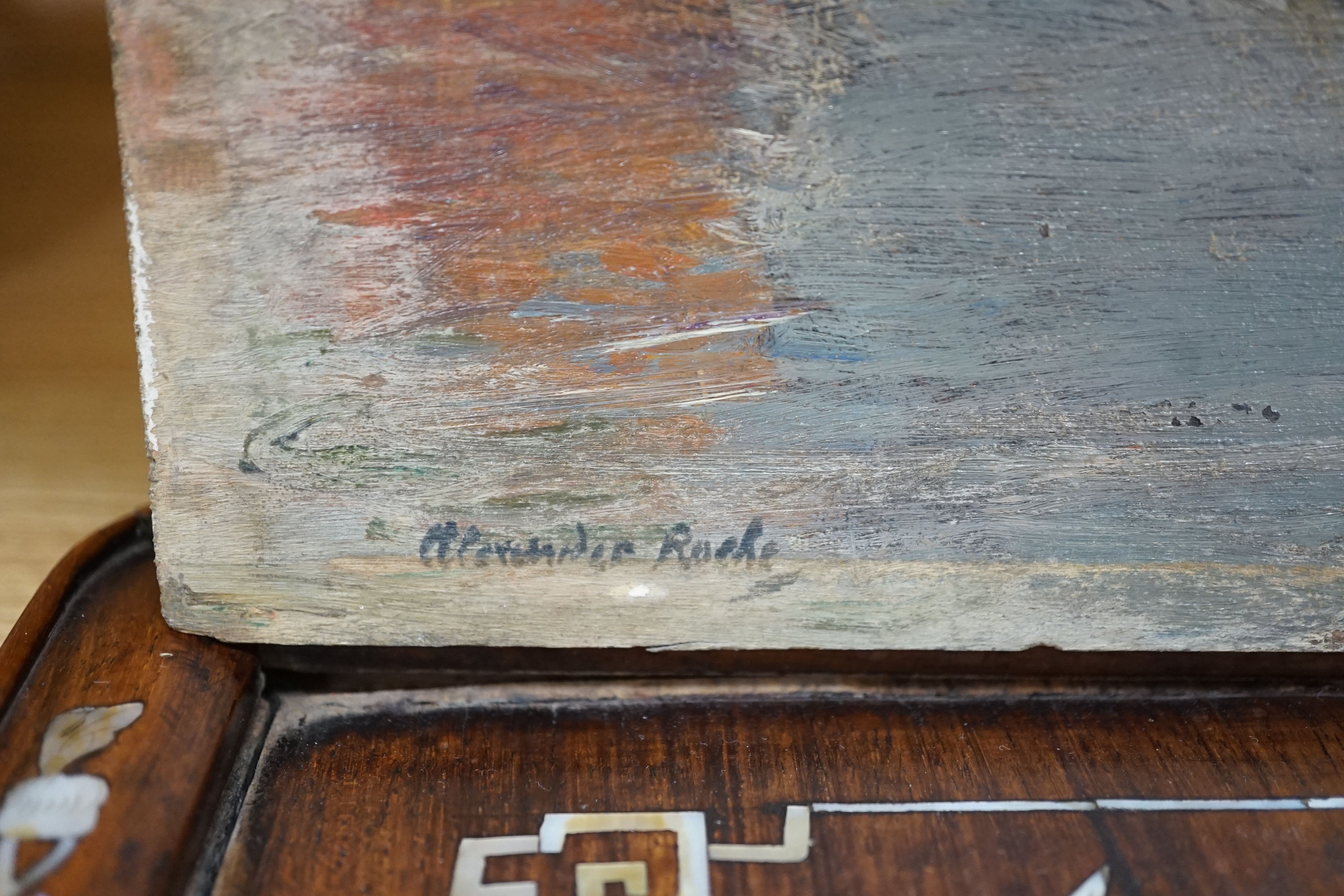 Alexander Ignatius Roche RSA (Scottish, 1861-1921), oil on board, ‘Worcester Bridge’, signed, with Aitken Dott & Son, Edinburgh label, unframed, 26 x 35cm